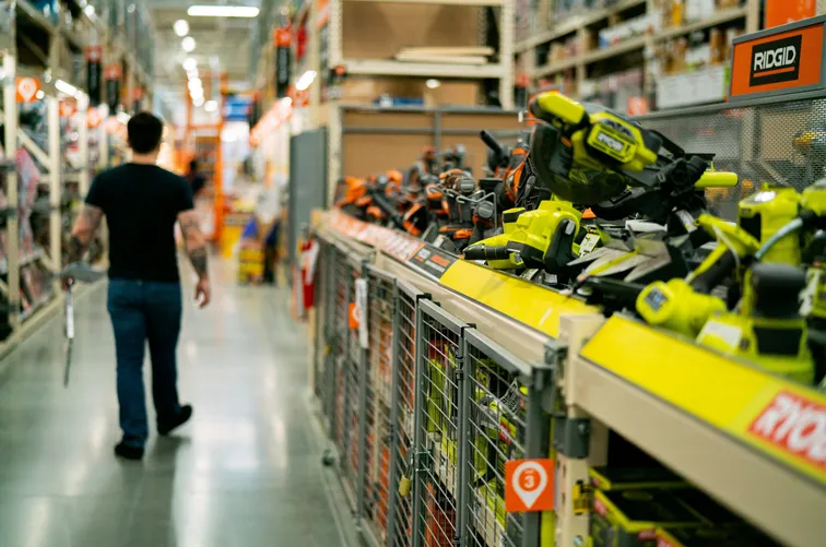 A man walking through a construction site marked along an aisle of tools